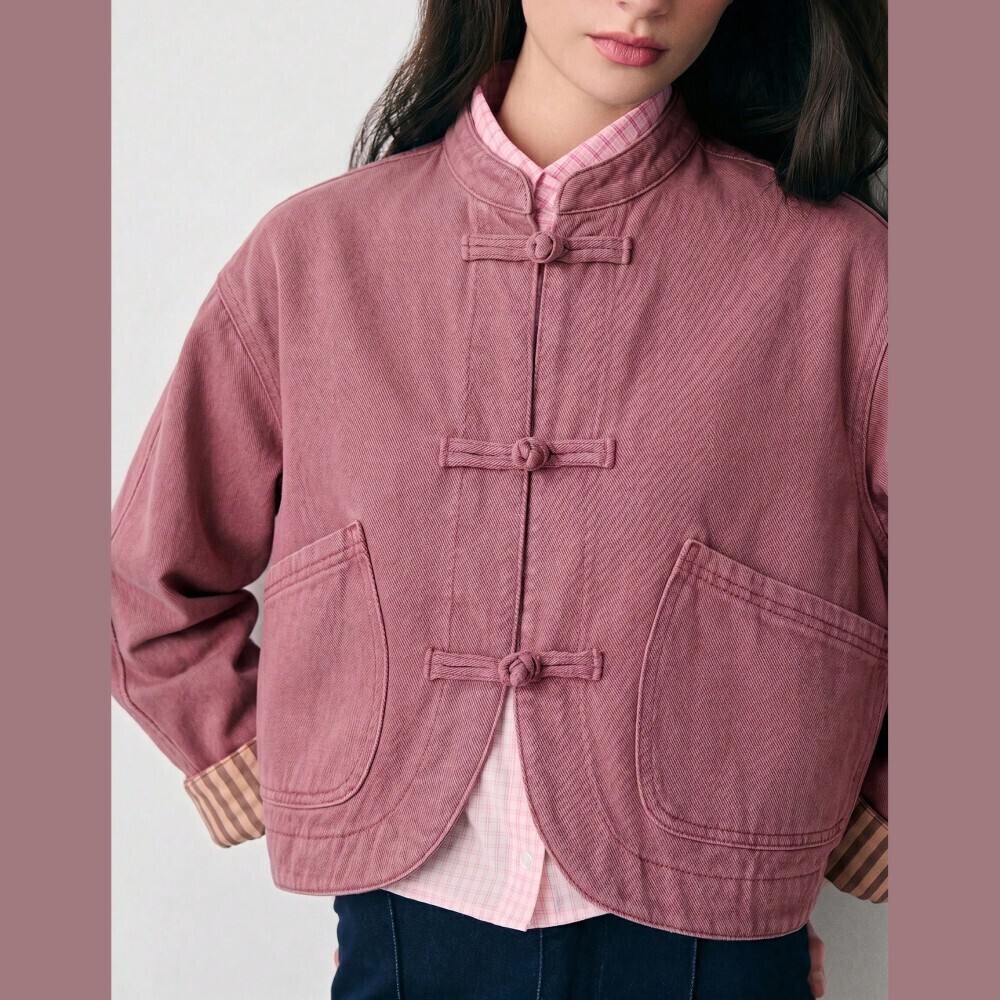 Mauve Pink Rounded Denim Jacket with Frog Button Closures